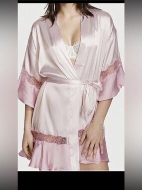 Victoria's Secret Pale Pink Satin Lace-Trim Robe